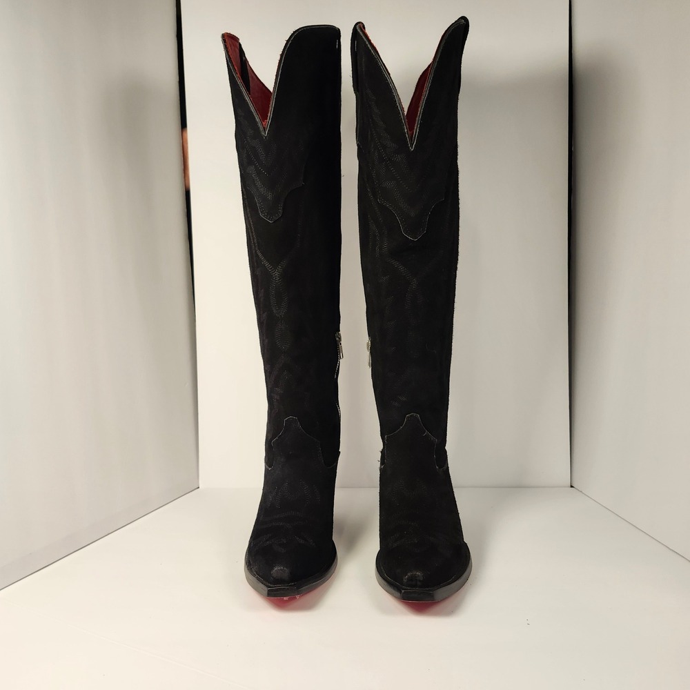 Rockem Maggie Black‎ Suede Knee High Red Bottom Wide Calf Snip Toe Cowgirl Boots